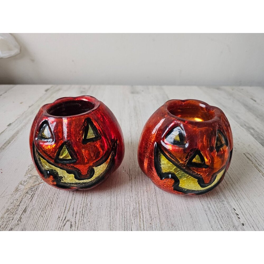 Crackle glass pumpkin jack-o'-lantern votive candle holder Halloween decor‎ set